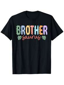Brother Saurus" Dinosaur Family Matching T-Shirt - 100% Cotton, Relaxed Fit For Men & Women, Crew Neck, Black With Colorful Print, Sizes S-XXXL, Ideal For Casual Wear - 黑色 - 查看 1