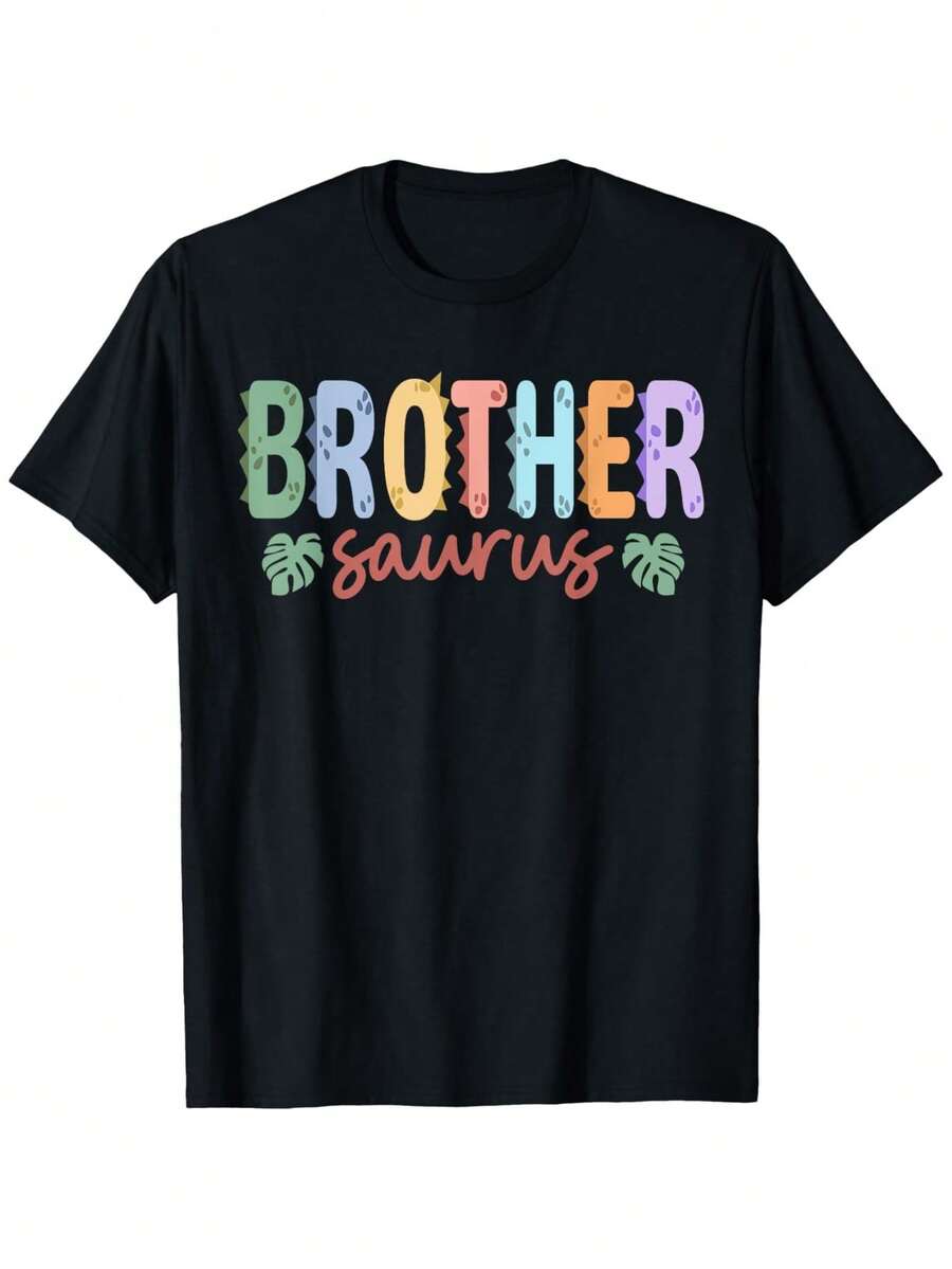 Brother Saurus" Dinosaur Family Matching T-Shirt - 100% Cotton, Relaxed Fit For Men & Women, Crew Neck, Black With Colorful Print, Sizes S-XXXL, Ideal For Casual Wear - 黑色 - 查看 1