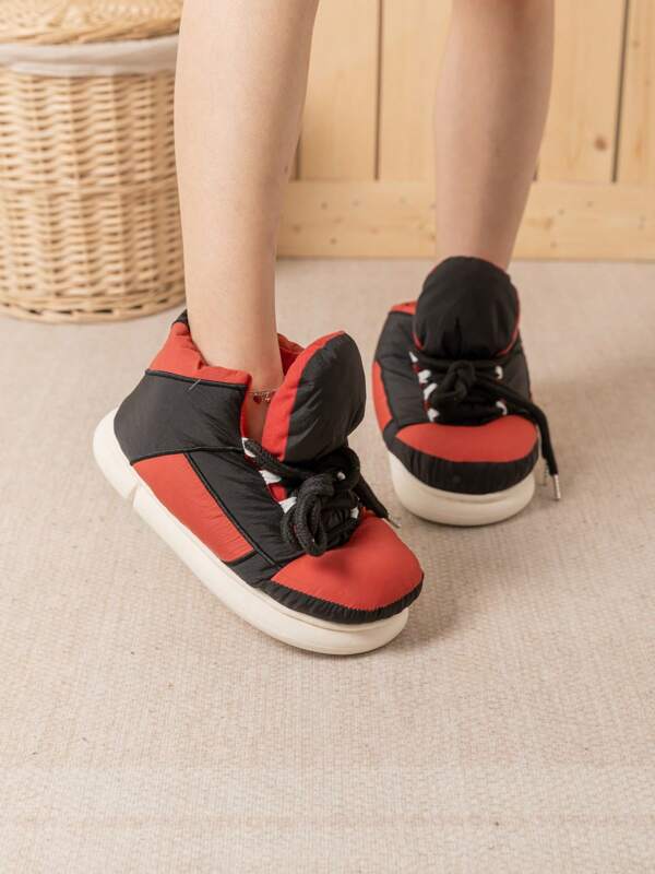 Black & Red Men's Slipper With Back Heel , Can Be Worn Outdoors, Warm & Comfortable, Flocking Surface Lining, Non-Slip , Winter Boots