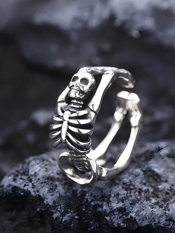 Adjustable Skull Shaped Ring, Open Band Design, Punk Motorcycle Cocktail Gothic Jewelry, Hollow Frame, Unisex Accessory