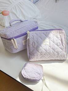 大容量家居收纳整理套装，包含拉链便携旅行洗漱包、经典紫色格子化妆包、柔软绗缝手提包、时尚撞色带提手化妆包、迷你方形卫生巾收纳袋、多功能家居收纳包、女士化妆包、旅行化妆包，是情人节、圣诞节、感恩节、伴娘婚礼的理想礼物。 - 紫色 - 查看 5