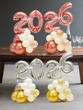 18 个/套新年派对装饰气球，16 英寸银色“2026”和玫瑰金“2026”铝箔气球，12 英寸金色和玫瑰金亮片乳胶气球，10 英寸金色、白色、玫瑰金乳胶气球，适用于圣诞节、新年、除夕夜、桌面、房间装饰、摄影道具
