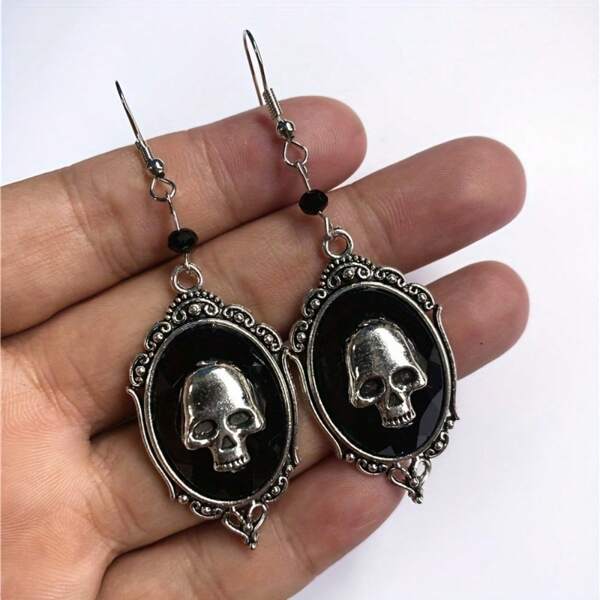 1 par de Pendientes colgantes de Halloween vintage, estilo gótico, con cabujón de cristal grabado en negro. Pendientes con calavera y bruja de Halloween, joyería victoriana de moda como regalo para mujeres y niñas