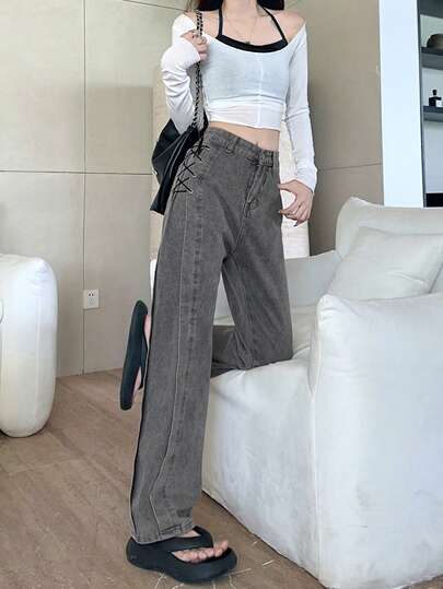 Women Plain Casual Denim Cross Strap Lace-Up Eyelet Everyday, Stage And Concert Wear All Season Jeans