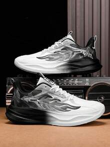 男士运动鞋缓震TPR鞋底网面轻便跑步鞋耐磨篮球休闲运动鞋训练鞋（鞋底手绘花纹凹凸不平） - 白黑 - 查看 2