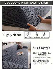 1pc Stretch Sofa Cover With Leaf Pattern - Machine Washable, Non-Slip Couch Protector For Living Room, Fits Single To Four-Seater Sofas, White Textured Fabric For All Seasons, Living Room Essentials | Minimalist Sofa Cover | Snug Fit Cover, Couch Covers For Sofa - Dark Grey - View 8