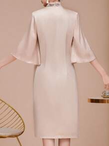 Contrast Embroidered Lace Floral Mesh Flare Sleeve Dress, Stand Collar 3/4 Sleeve Evening Gown 2 In 1, Elegant Mother Of The Bride Dress, Suitable For Wedding/Formal/Occasion/Guest/Engagement/Ceremony/Birthday/Social/Cocktail/Everyday/Vacation/Casual Wear