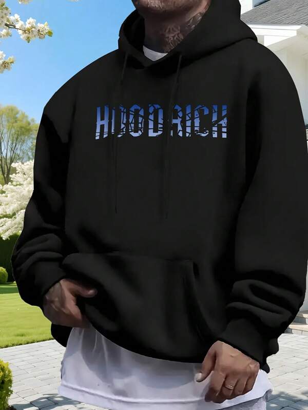 270g Four Seasons Men's Fleece Hoodie "Hood Rich" Print - Black/White, 60% Polyester 40% Cotton Blend, Regular Fit Long Sleeve Sweater Essential For Autumn And Winter, Adjustable Drawstring Hood  Pocket, Machine Washable (S-4XL), Casual Loose Fit Sweater