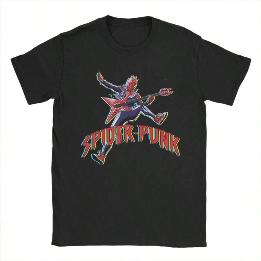 COOL SUMMER Mens Womens Spider Punk Spider-ManS Cartoon T Shirt Pure Cotton Graphic Print Tee Shirts Spider ManS Clothing Outfits - 黑色 - 查看 1