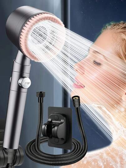 (Single Shower Head / 3pcs Set) Home Use Filtered Pressurized 5-Setting ABS Shower Head With 1.5m Stainless Steel Hose And ABS No-Drill Shower Head Bracket