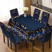 1pc/5pcs/7pcs/30pcs Luxurious Peacock Blue Embroidered Floral Rectangle Tablecloth + Removable Chair Cover Set, 100% Polyester Velvet Tablecloth, Applicable For Home Dining Room, Living Room, Kitchen, House, Hotel Daily Use, Gift, Party Decor 1 Tablecloth + 4 Chair Covers Or 1 Tablecloth + 6 Chair Covers