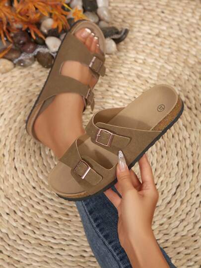 1 Pair Khaki Soft Cork Sole Arch Support Anti-Slip Round Toe Casual Beach Sandals For Teenage Girls And Boys, Suitable For Summer, Autumn, Back To School, Outdoor