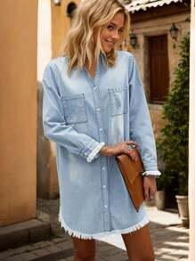 2025 New Women's Casual Shirt Dress With Fringe Hem - Long Sleeve Knee-Length Button-Front Dress, Washable Versatile Style Spring & Fall, Regular Fit, Dress - 藍色 - 查看 3