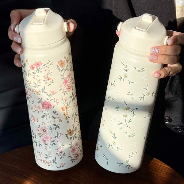HILAKE 1 pieza Botella de agua aislada de 800ml con diseño floral, asa y pajita - Perfecta para hidratación en la oficina, aventuras al aire libre, botella de viaje minimalista, senderismo y camping - Un regalo ideal para familia y amigos, temporada de vuelta a clases