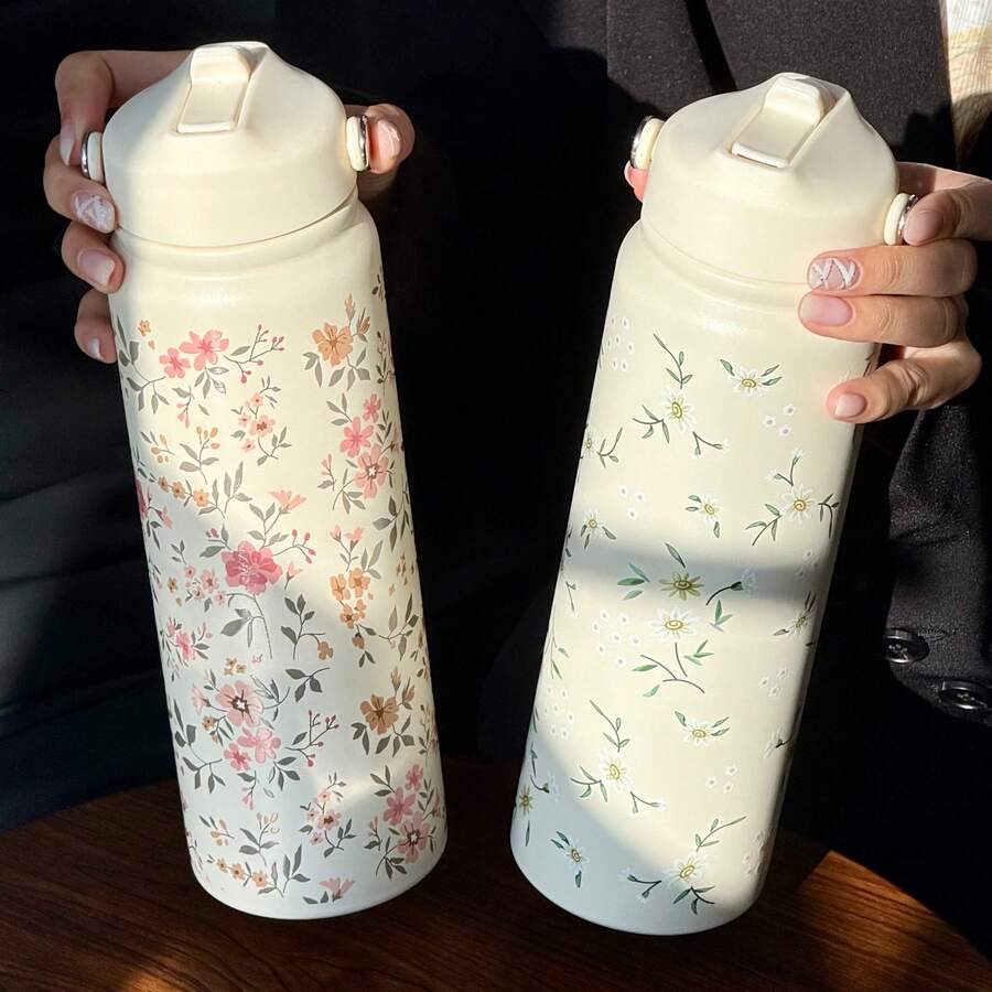 HILAKE 1 个 800 毫升花卉保温水瓶，带手柄和吸管 - 非常适合办公室补水、户外探险、简约旅行水壶、徒步旅行和露营 - 送给家人和朋友的理想礼物，返校季
