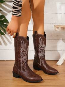 Fall/Winter Women's Cowgirl Boots With Block Heel, Pointed Toe And Embroidery, Western Style Leather Shaft Mid-Calf Pull-On Boots,Cowboy Boots - Coffee Brown - View 4