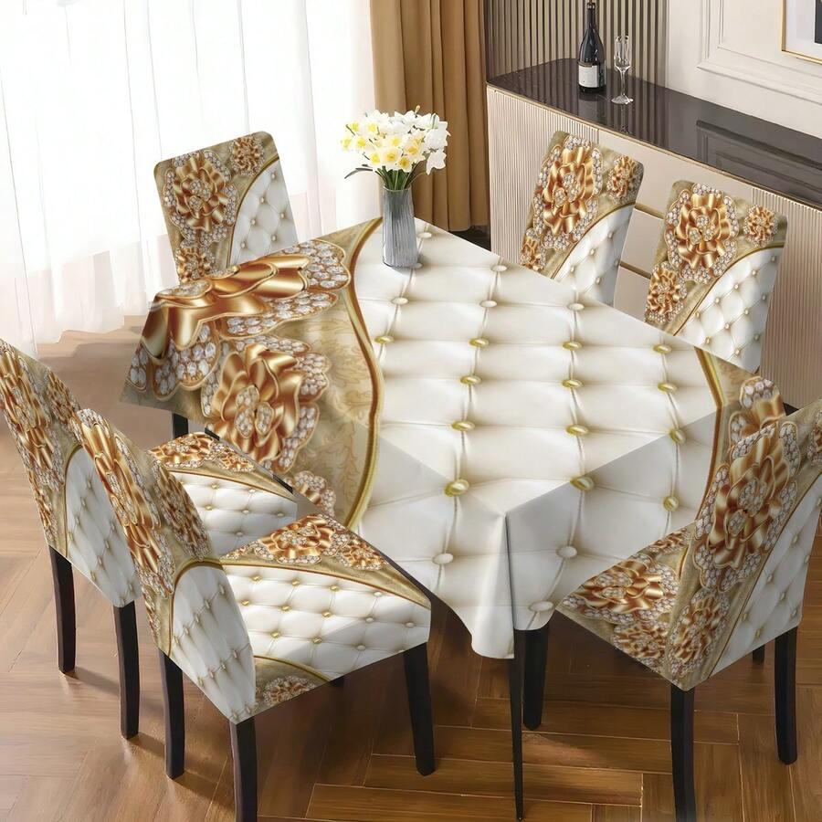 1pc/5pcs/7pcs/30pcs Table Cloth & Chair Cover Set, (5pcs Include 4 Chair Covers And 1 Table Cloth) (7pcs Include 6 Chair Covers And 1 Table Cloth), Creative Golden Floral Plaid Versatile Chair Cover And Tablecloth Set, Full Of Holiday Atmosphere, Add Joy For Family Gatherings, Rectangular Tablecloth Fits Square Tables, Stretch Chair Covers Suitable For Indoor Home Dining Room