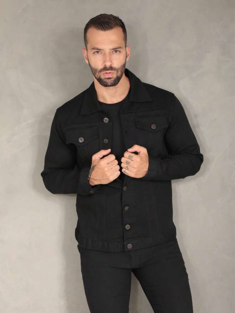 Men's High Quality Denim Jacket, Plain Black Premium - Plain Black - View 2