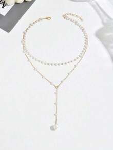 1pc Gold Y-Shaped Design Layered Necklace, Details Decorated With Rhinestones & Faux Pearl, Suitable Daily Wear By Women, Friendship Gifts, Banquet Parties Fashionable Elegant All-Season Jewelry Daily Wear Jewelry Simple Stylish Party Jewelry Minimalist Versatile Jewelry Minimalist Office Accessories Light Luxury Elegant All-Season Jewelry - 金子 - 查看 5