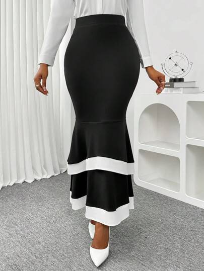 Falda ajustada de color contrastante de moda informal para mujeres