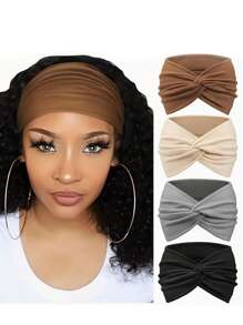 4 pezzi/set Fasce per capelli alla moda boeme di colore unito per donne, foulard retrò intrecciati, accessori per capelli sportivi antiscivolo e assorbenti, fasce eleganti per capelli, fascia per la testa alla moda, per la scuola e l'università