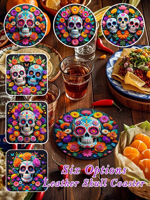 Set de 6 posavasos de Halloween con diseño de calavera, flores y mariposas - posavasos redondos/cuadrados con diseño gótico de calavera, flores y mariposas, resistentes al calor con parte posterior de goma antideslizante, para bar, cafetería, decoración del hogar, bodas góticas, celebraciones del Día de los Muertos, regalo para amantes del terror y la cultura latina