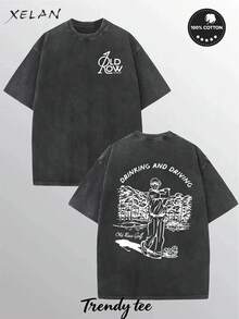 230G Washed Pure Cotton T-Shirt, Unisex, With 'DRINKING AND DRIVING Old Row Golf' Text And Golfer Pattern Print, Outdoor Sports T-Shirt |   Loose Fit |   Soft Knitted T-Shirt - màu đen - Xem 1