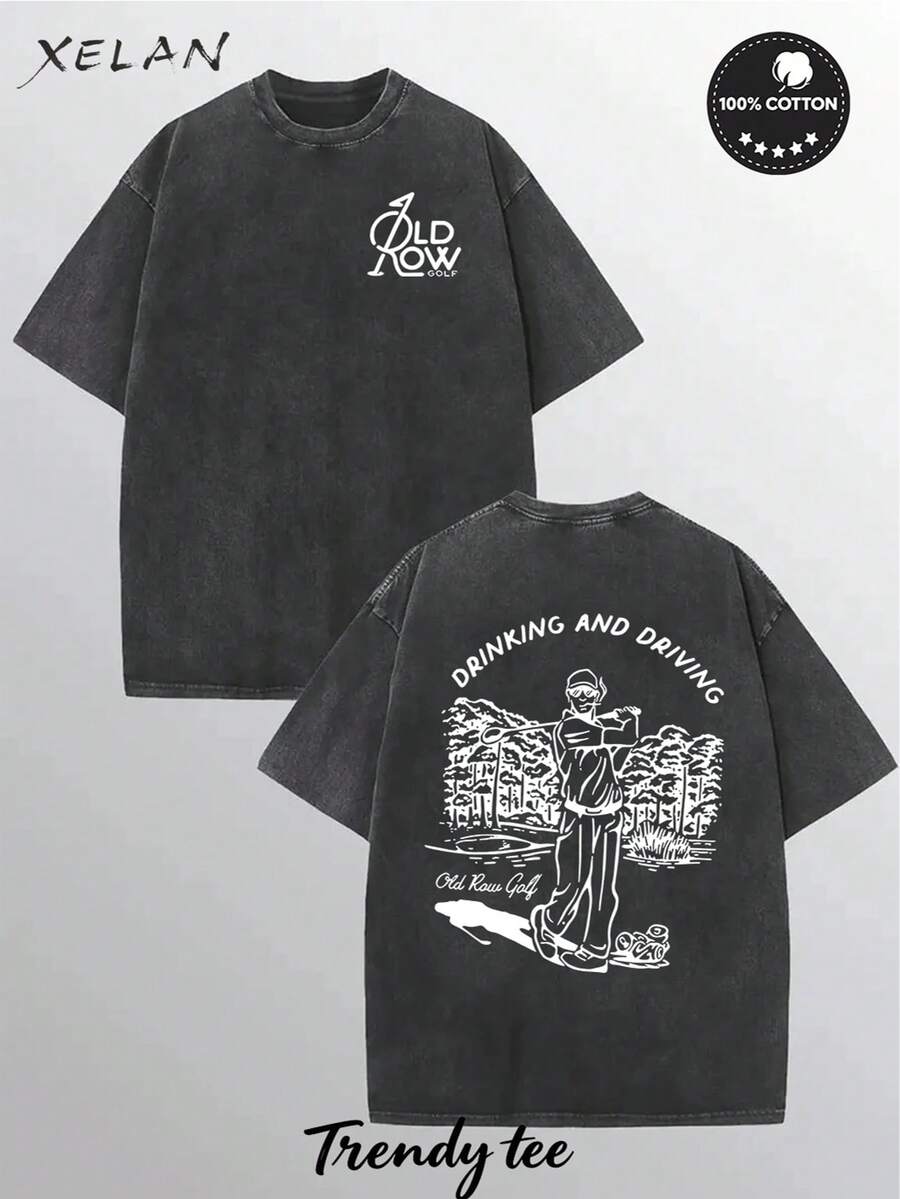 230G Washed Pure Cotton T-Shirt, Unisex, With 'DRINKING AND DRIVING Old Row Golf' Text And Golfer Pattern Print, Outdoor Sports T-Shirt |   Loose Fit |   Soft Knitted T-Shirt - màu đen - Xem 1