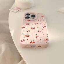 GUCADI 1pc Pink Girl & Red Bowknot Cherry Design Phone Case Compatible With Apple - Pink - View 11