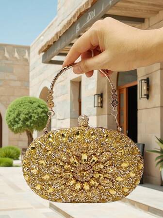 1pc Silver Glitter Luxury Rhinestone Decor Handbag Clutch, Elegant Clutch Purse With Metal Chain For Women, Suitable For Formal Event, Party, Wedding, Prom, Banquet