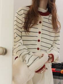 Women's Autumn/Winter Casual Striped Contrast Color Design Knit Cardigan - Beige - View 4