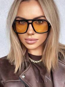 1pc Retro Vintage European & American Style Leopard Pattern Double Bridge Fashion Glasses Aviator Shape Shades - Black Frame Orange Tea - View 1