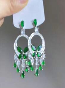 Exaggerated Green Butterfly Crystal Tasseled Earrings, Elegant Luxury Party Formal Dress Accessory