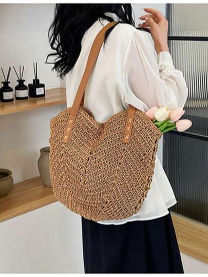 Large Capacity Women's Straw Shoulder Bag, Beach Vacation Style Woven Tote Bag, Summer