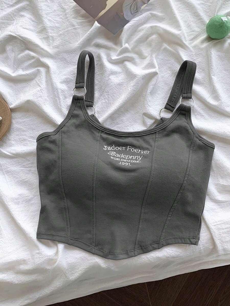 女式性感无袖短款刺绣上衣，修身剪裁，甜美风格，适合夏季街头穿着 - 灰色 - 查看 1