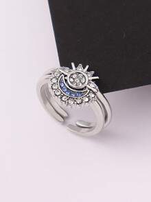 1 Pair Fashionable Rhinestone Star & Moon Design Stackable Copper Rings, Suitable For Women Casual, Dating, Valentine's Day, Wedding, Birthday Gifts - Sun and Moon Ring - View 2