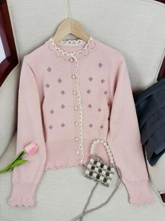 Wixra Automne/Hiver Cardigan tricoté ample et court pour femmes avec empiècement en dentelle brodée et col rond, manches longues