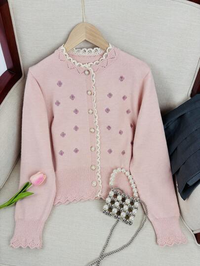 Wixra Automne/Hiver Cardigan tricoté ample et court pour femmes avec empiècement en dentelle brodée et col rond, manches longues