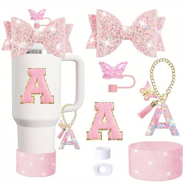 7pcs Cup Accessory Kit For 30oz & 40oz Cup Accessories Tumblers With Handles - Includes Straw Toppers, Silicone Boots, Letter Charms, Spill Stopper, And Bowtie Decorations
