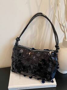 1个金色新月形PVC亮片女士单肩包，亮片 - 黑色 - 查看 3