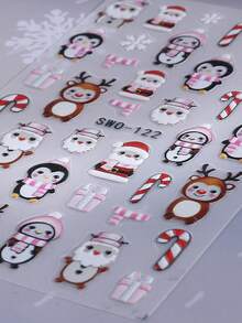 2片装圣诞红色圣诞老人美甲贴纸，节日设计图案包括企鹅、棍子、围巾、雪花、鹿等，3D自粘式美甲贴片，DIY美甲装饰，女士美甲配件 - 彩色 - 查看 6