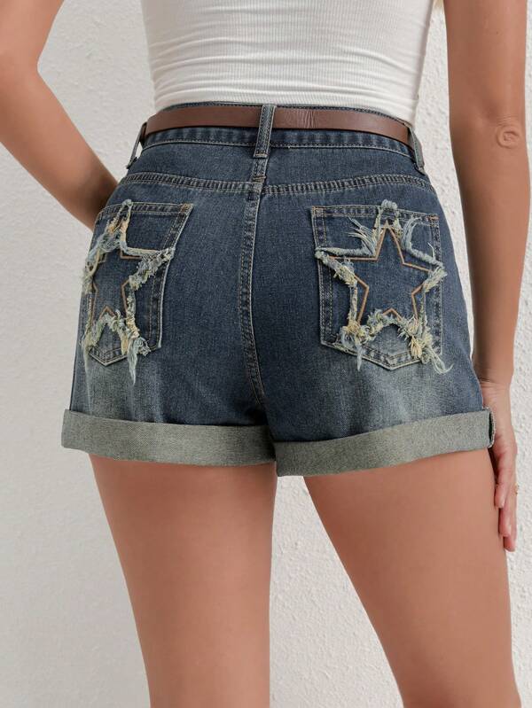 [Con Cinturón] Shorts vaqueros holgados vintage para mujeres, diseño de aplicación de estrella punk favorecedoras shorts cortos, nueva llegada de verano