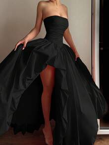 女士优雅性感无肩带长裙，不对称高开衩设计，后背系带可调节，是派对、鸡尾酒会、圣诞节、婚礼和约会之夜的理想之选，也是情人节、春季黑色派对等特殊场合的完美选择。 - 黑色 - 查看 7