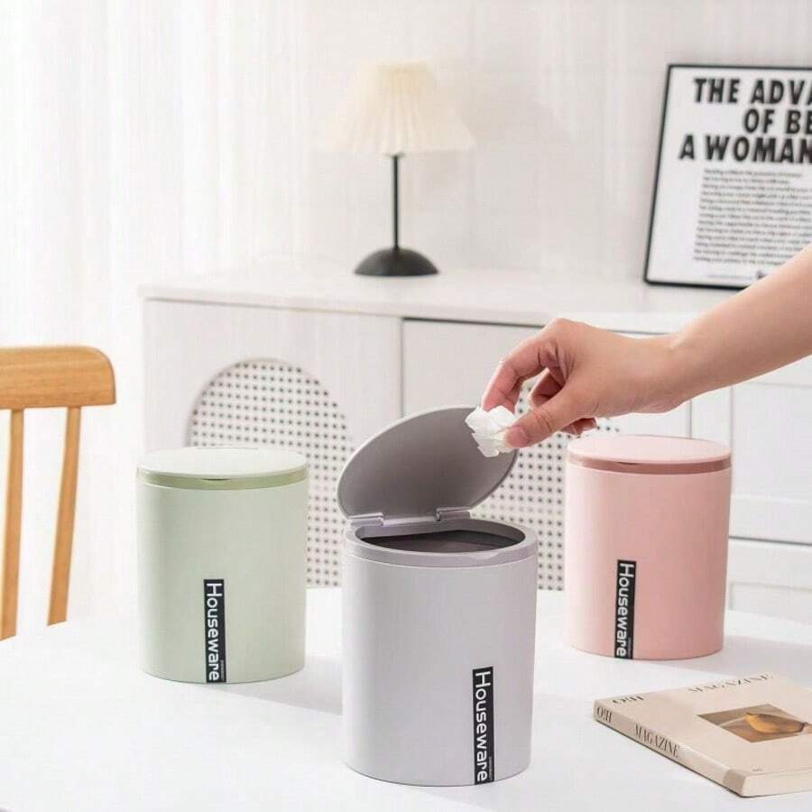 1 pieza Basurero de escritorio con tapa abatible, Papelera de almacenamiento para oficina, Apto para baño, cocina, bote de basura del inodoro
