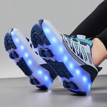 LED Multi-Flashing 4-Wheel Roller Skates, Quick Gliding, Detachable Wheels, Fashion Casual 2-In-1 Roller Shoes, Rotary Buckle Adjustable Loose Fit - Blue - View 3