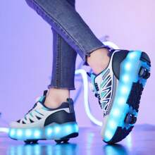 LED Multi-Flashing 4-Wheel Roller Skates, Quick Gliding, Detachable Wheels, Fashion Casual 2-In-1 Roller Shoes, Rotary Buckle Adjustable Loose Fit - Blue - View 7