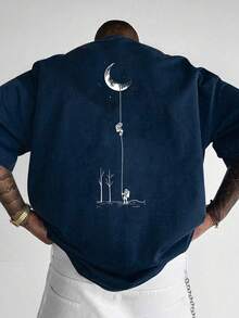 Camicia a maniche corte con stampa grafica da uomo - Maglietta casual a girocollo nera con vestibilità ampia realizzata in tessuto di poliestere durevole, lavabile in lavatrice per l'estate all'aperto, motivo di luna e alberi | Abbigliamento leggero - nero - Visualizzare 6