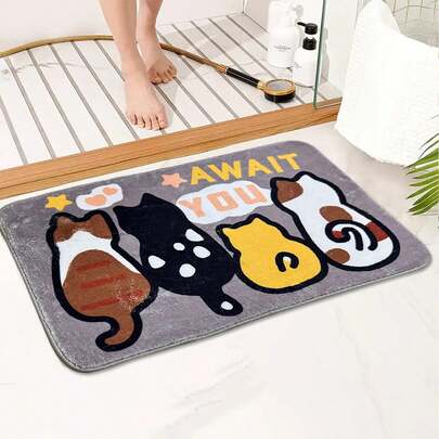 1 Pc Of Creative Three Cute Colorful Cartoon Cat Pattern Bathroom Anti-Slip Mat, High-Quality Imitation Cashmere Fiber Material Super Absorbent Carpet, Machine Washable, Suitable For Home Decoration Living Room, Bedroom, Bathroom, Bathtub Mat, Toilet, Kitchen Sink Laundry Office Area And Other Scenes Plush Floor Mat, Multiple Sizes Available, Weight 1000 Grams Per Square Meter