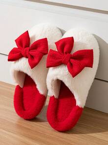 نعال منزلية مسطحة مزينة بفيونكة حمراء لاستخدام داخلي/المنزل للنساء