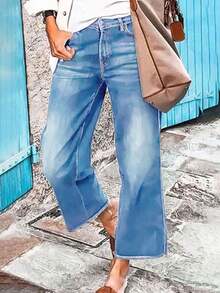 Jeans For Women Mid Rise Waisted Baggy Wide Leg Stretchy Denim Ankle Pants Cropped Jeans With Pockets - 藍色 - 查看 1